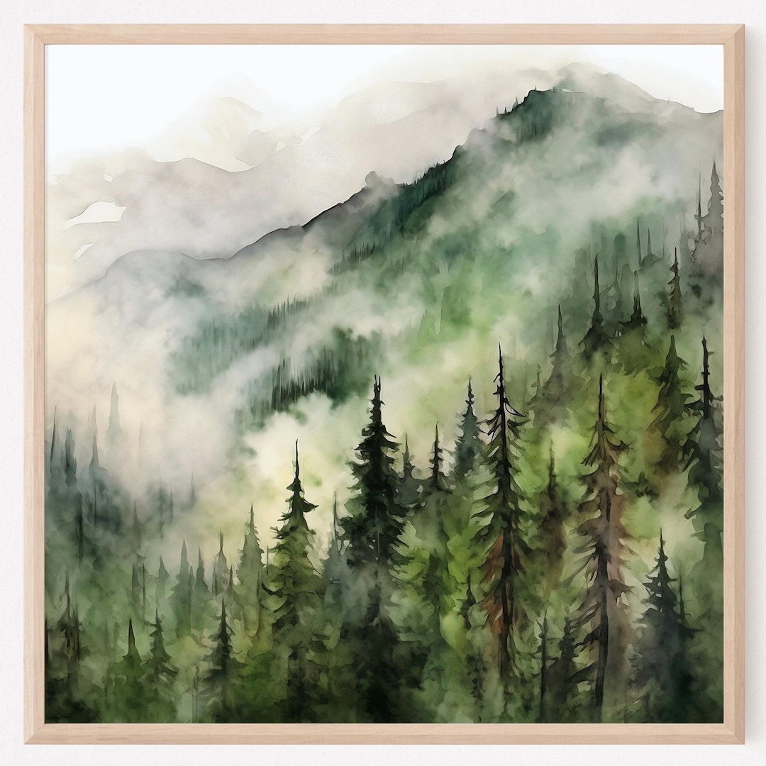 Misty Mountain Landscape Watercolor Neutral Wall Art Panoramic ...
