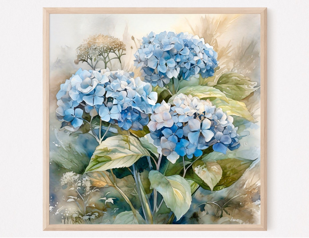 Botanical Hydrangea Watercolor Print Blue Floral Wall Art Square Nature ...