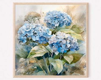 Hortensie Aquarell Kunstdruck Hortensien Blumenmalerei Botanische quadratische Wand Kunst Garten Blaue Blumen Kunst Florale Wanddekoration