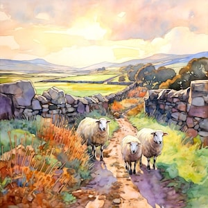Irish Sheep Watercolor Painting Art Print Ireland Landscape Farmhouse Wall Art Rustic Road Artwork Home Decor Gift Art