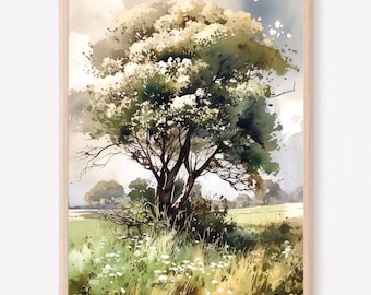 Summer Oak Tree Watercolor Print, Wildflower Meadow Landscape Wall Art, Nature Field Painting Home Decor