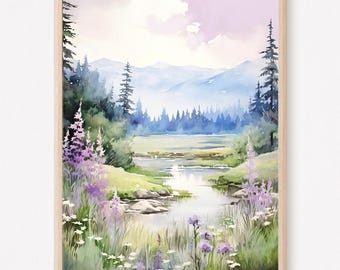 Mountain River Print, Watercolor Forest Landscape Art, Foggy Mountain Wall Art, Pine Trees & Wildflowers Decor
