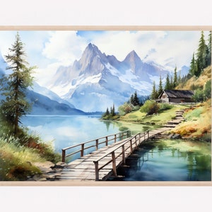Waldhütte Gemälde Bergsee Druck Landschaft Aquarell Gemälde große minimalistische Wandkunst Wohndekoration Geschenk