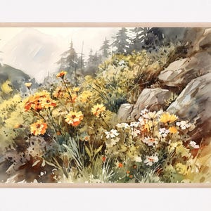 Mountain Meadow Painting Print, Mountains Landscape Watercolor Art, Wildflowers Wall Art, Floral Wall Decor, Wedding Gift