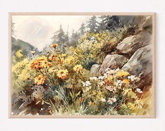 ロッキー山脈の絵画 春の水彩画 アートプリント デイジーフィールド