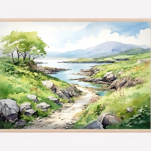 Peinture à l'aquarelle de l'Anneau du Kerry, impression d'art, paysage irlandais, art mural, campagne irlandaise, aquarelle, grande affiche, décoration d'intérieur, cadeau