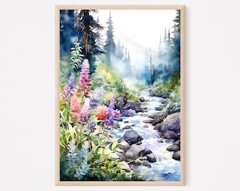 Mountain river watercolor wall art, Wild flowers and foxgloves landscape print, Mountains painting, Green nature art print