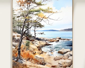 May include: Watercolor painting of a coastal landscape with a rocky shoreline, trees, and a calm blue sea. The artwork features a light wooden frame and captures the natural beauty of the scene with soft colors and brushstrokes.