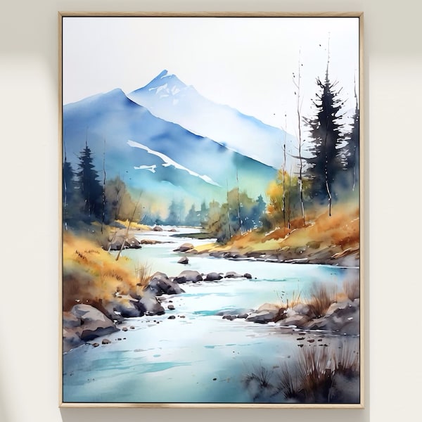 Rocky Mountains Painting Misty Forest Art Print From Original Watercolor Mountain River Landscape Pine Trees Wall Art