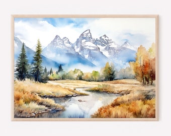 Grand Teton National Park Watercolor Print, Teton Wall Art Poster, Mountain Landscape Travel Decor Gift. GT
