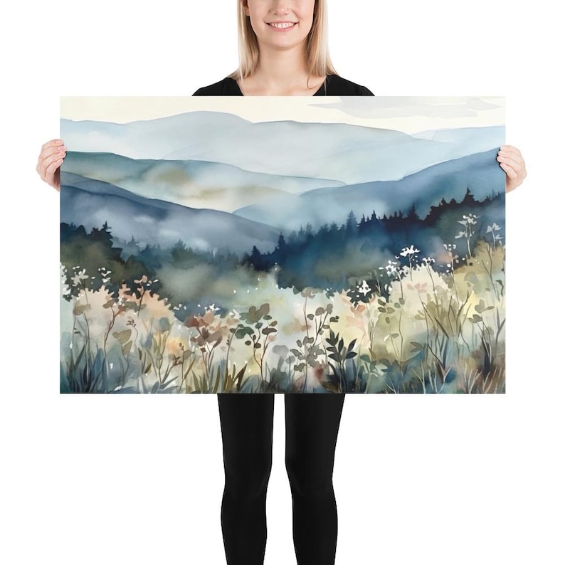 Blue Ridge Mountains Watercolor North Carolina Landscape Wildflowers Painting Art Print Appalachian Highlands Artwork Nature Wall Art