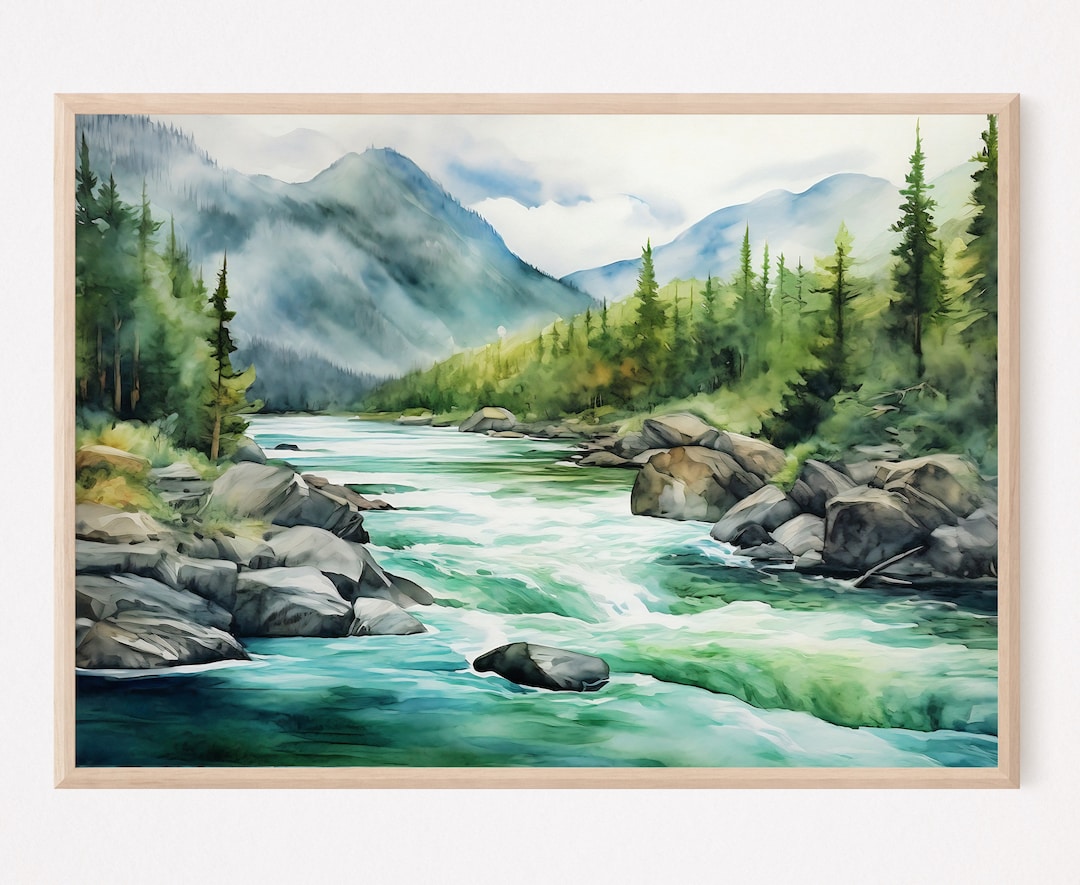 Mountain River Painting Misty Forest Landscape Wall Art Pine Tree ...