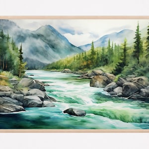Mountain River Painting Misty Forest Landscape Wall Art Pine Tree Watercolor Painting Blue Green Art Print Mountain PosterHome Decor Gift