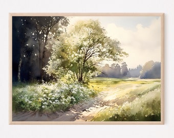 Rural Landscape Watercolor Painting Countryside Art Print Large Nature Artwork Home Decor Gift Art