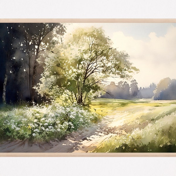 Rural Landscape Watercolor Painting Countryside Art Print Large Nature Artwork Home Decor Gift Art