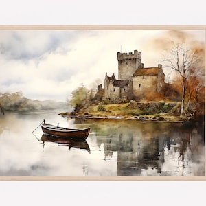 Bunratty Castle Co Clare with boat in foreground art print, medieval, stormy sky, wall print, Irish landscape watercolor painting print