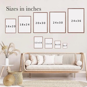 Puede incluir: Exhibici&oacute;n de impresiones art&iacute;sticas enmarcadas en varios tama&ntilde;os, incluyendo 40.6x50.8cm, 45.7x61cm, 50.8x76.2cm, 61x76.2cm y 61x91.4cm. Tambi&eacute;n se muestran tama&ntilde;os m&aacute;s peque&ntilde;os: 30.5x40.6cm, 27.9x35.6cm, 20.3x25.4cm y 12.7x17.8cm. El texto "Sizes in inches" est&aacute; en la parte superior.