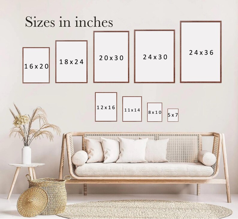 Puede incluir: Exhibici&oacute;n de impresiones art&iacute;sticas enmarcadas en varios tama&ntilde;os, incluyendo 40.6x50.8cm, 45.7x61cm, 50.8x76.2cm, 61x76.2cm y 61x91.4cm. Tambi&eacute;n se muestran tama&ntilde;os m&aacute;s peque&ntilde;os: 30.5x40.6cm, 27.9x35.6cm, 20.3x25.4cm y 12.7x17.8cm. El texto "Sizes in inches" est&aacute; en la parte superior.