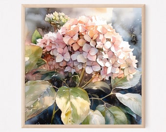 Hortensie Aquarell Kunstdruck Hortensien Blumenmalerei Botanische quadratische Wand Kunst Garten Rosa Blumen Kunst Floral Wand Dekor