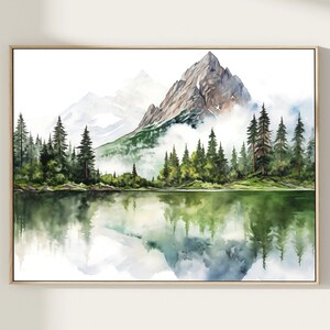 Serene Mountain Lake Watercolor Painting – Misty Landscape Wall Art, Nature Home Decor, Gift for Nature Lovers