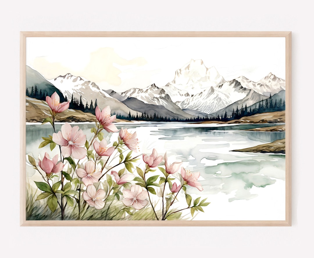 Mountain Lake Art Watercolor Painting Large Wall Art Mountains Forest ...