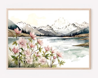 Mountain lake art watercolor painting large wall art mountains forest art print neutral artwork nature wildflowers watercolor landscape