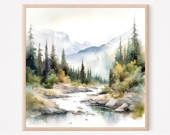 Pintura de acuarela de paisaje de río de montaña, arte de pared de pino, paisaje neutro azul claro verde, lámina artística, acuarela abstracta, regalo artístico