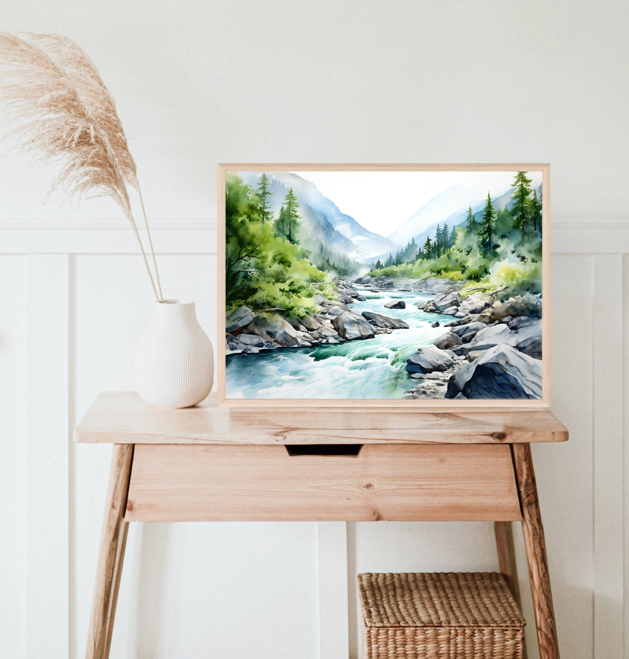 山川の水彩風景、松の木の壁アート、青緑のアートプリント、松林の絵画
