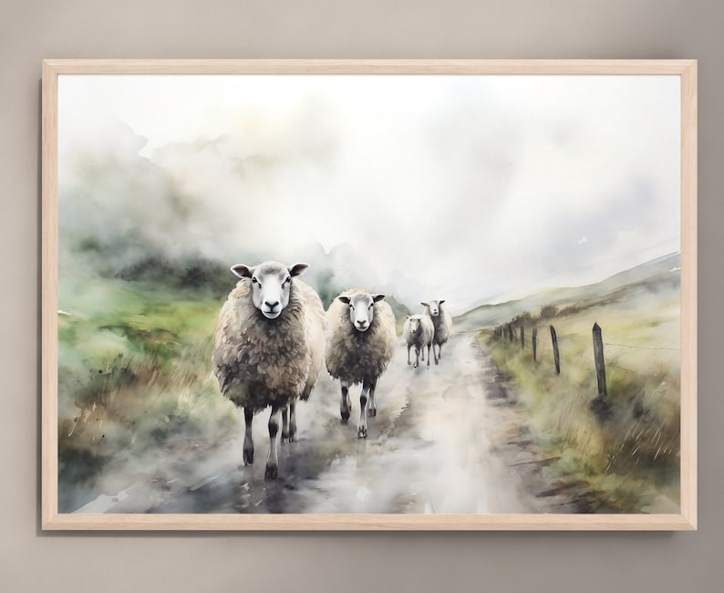 May include: A watercolor painting of a group of sheep walking down a foggy path. The sheep are white with brown faces and are walking in a line. The path is dirt and the background is a misty green and brown landscape.