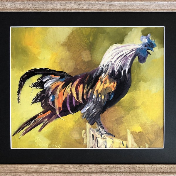 Original Oil Painting, Rooster Painting, Farm Animal Original Art, Chartreuse Green Artwork,  Framed Art, Gift