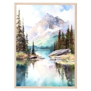 Banff Painting Canada Watercolor Art Print Mountain Lake Landscape Teal Forest Wall Art National Park Artwork Home Decor Gift Ideas