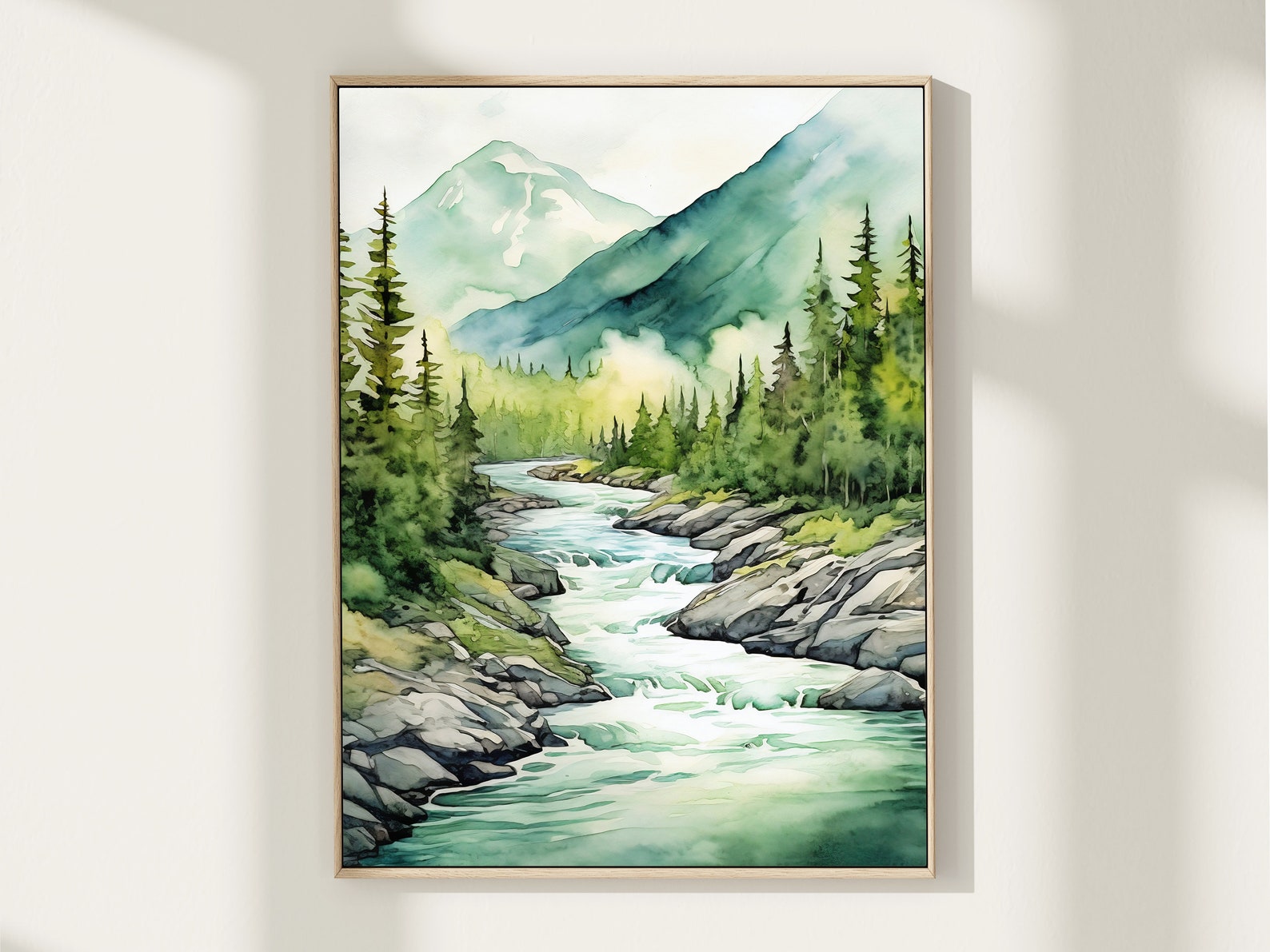 Mountain River Painting Misty Forest Landscape Wall Art Pine Tree ...