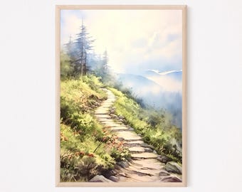 Akwarela na Szlaku Appalachów, Akwarela na Górach Blue Ridge, Wędrówki, Sztuka ścienna, Evergreen, Grafika krajobrazowa, Wystrój domu, Prezent