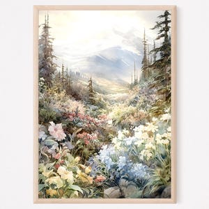 Denali National Park, Denali Travel Painting Art Print, Alaska Watercolor, Travel Poster, Denali Mountain Flowers Print, USA National Park