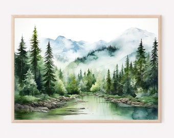 Foggy forest print lake watercolor painting panoramic landscape neutral wall art green forest art pine tree wall art