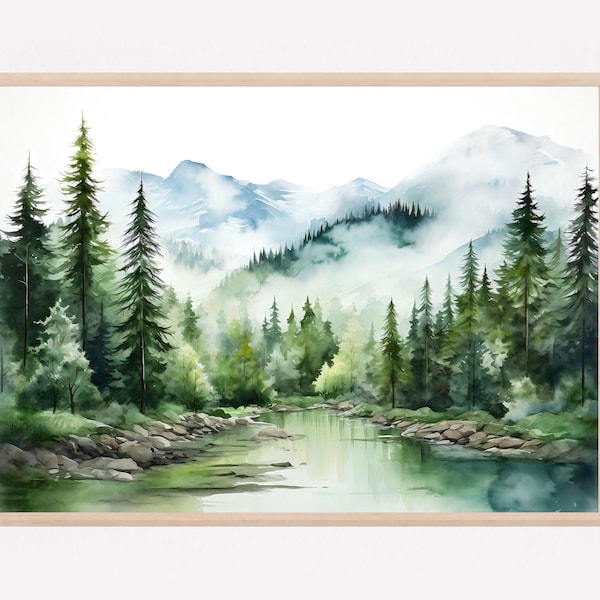 Foggy forest print lake watercolor painting panoramic landscape neutral wall art green forest art pine tree wall art