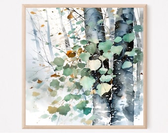 May include: A square framed watercolor painting depicting two dark grey tree trunks in a forest setting. The scene features soft green and muted yellow leaves scattered among thin branches, with a light, hazy background creating a sense of depth.