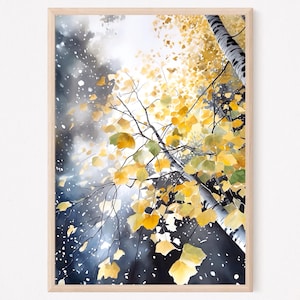 Espenbaum Druck, Birkenbaum Malerei, Herbst Espen Wandkunst, Espenwald Kunst, Aquarell Espe, Aquarell Druck, Herbst Birken Druck