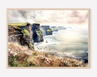 Cliffs of Moher, Co Clare, Ireland travel wall art, irish landscape watercolor painting print, home decor gift