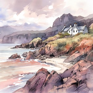 Scotland Coast Painting Square Art Print Cottage Watercolor Isle of Skye Landscape Scottish Highlands Wall Art Home Decor Gift