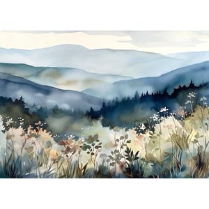 Blue Ridge Mountains Watercolor North Carolina Landscape Wildflowers Painting Art Print Appalachian Highlands Artwork Nature Wall Art
