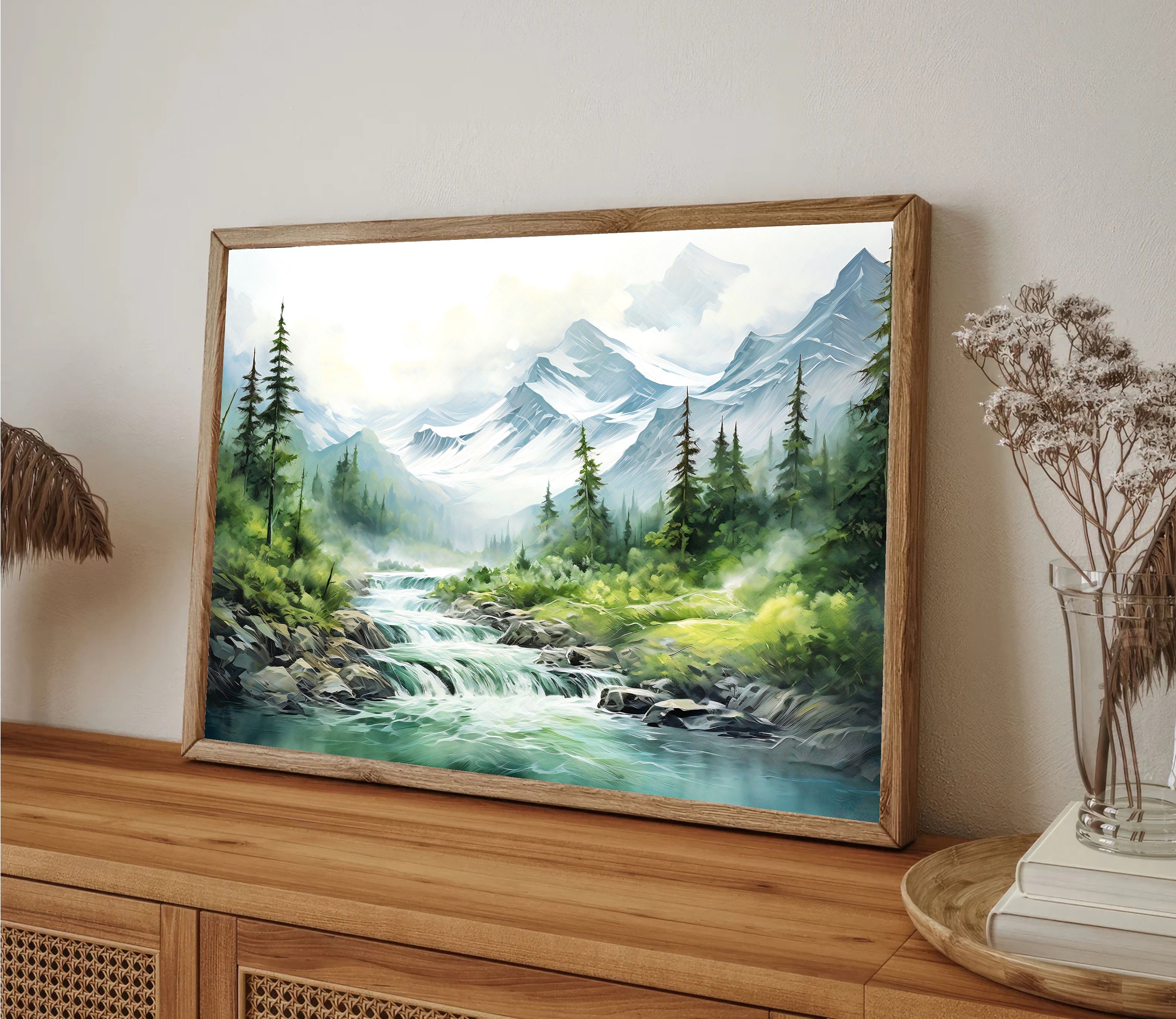 Mountain River Painting Misty Forest Landscape Wall Art Pine Tree ...