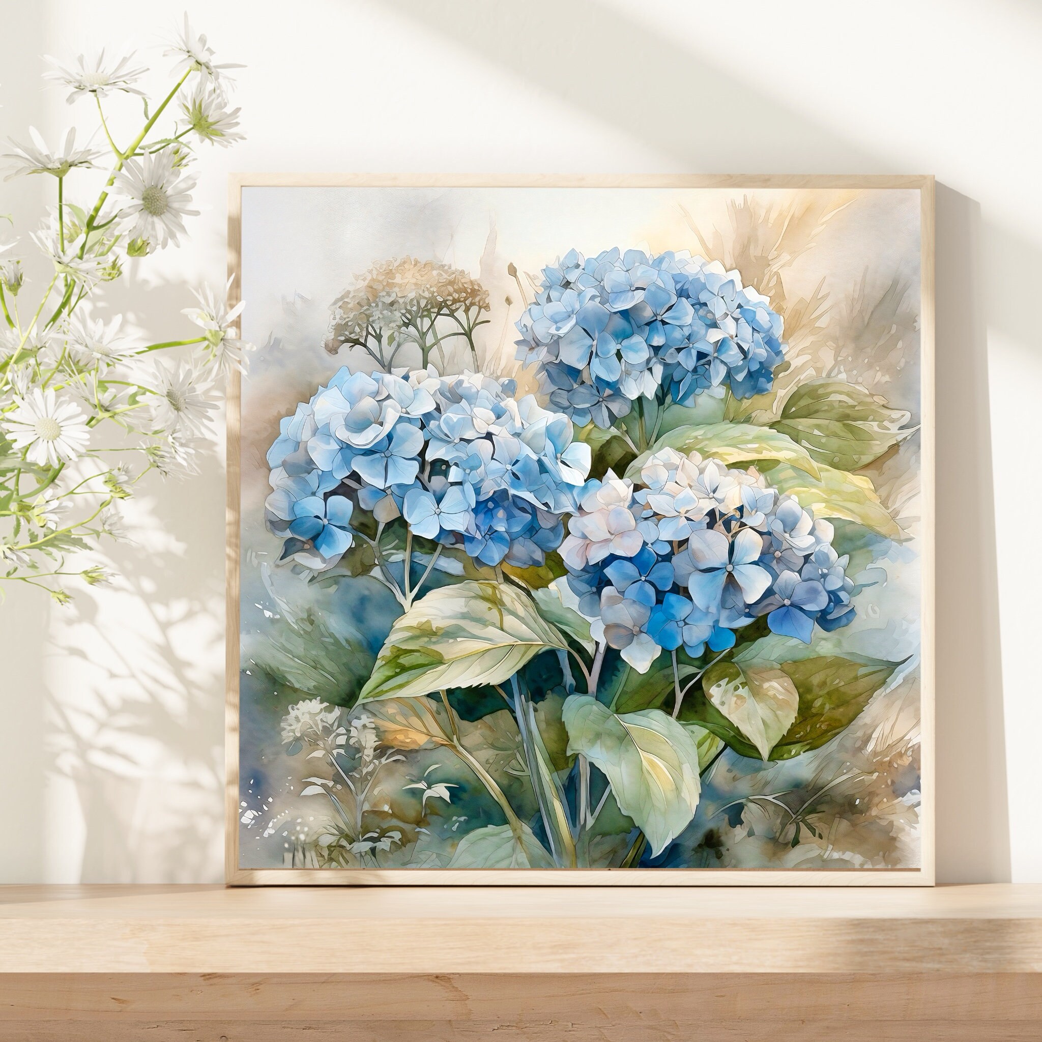 Botanical Hydrangea Watercolor Print Blue Floral Wall Art Square Nature ...