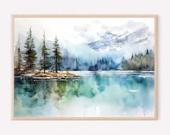 May include: A framed watercolor painting depicting a serene mountain landscape with snow-capped peaks, a dense forest of evergreen trees, and a calm lake in the foreground. The artwork features cool blue, green, and white tones.