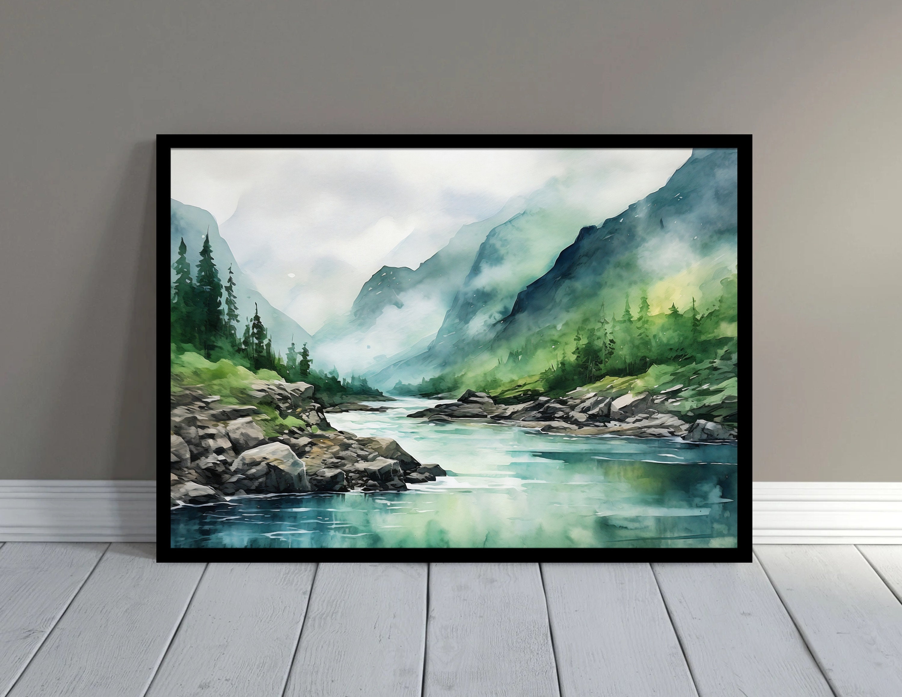 Mountain River Painting Misty Forest Landscape Wall Art Pine Tree ...