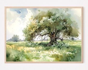 Oak Tree Meadow Watercolor Wall Art, Summer Landscape Print, Wildflower Field Nature Artwork
