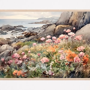 Scotland Painting, Isle of Skye Art Print, Scottish Sea Thrift Flowers Costal Landscape Watercolor