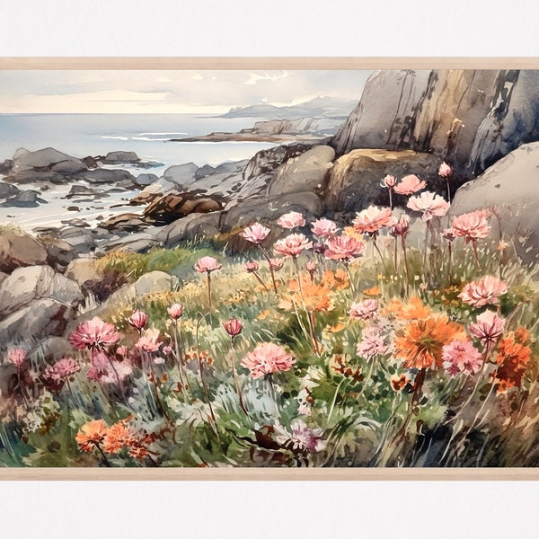 Scotland Painting Isle of Skye Art Large Print Scottish Sea Thrift Flowers Coastal Landscape Watercolor Home Decor Gift Art