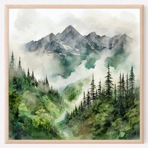 Misty mountain landscape watercolor neutral wall art panoramic landscape minimalist wall art mountains painting green nature art print