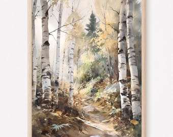 May include: A vertical wall art print in a light wood frame depicting a forest scene with tall white birch trees. The ground is covered in fallen leaves and soft earth tones, with sunlight filtering through the branches in a watercolor style.